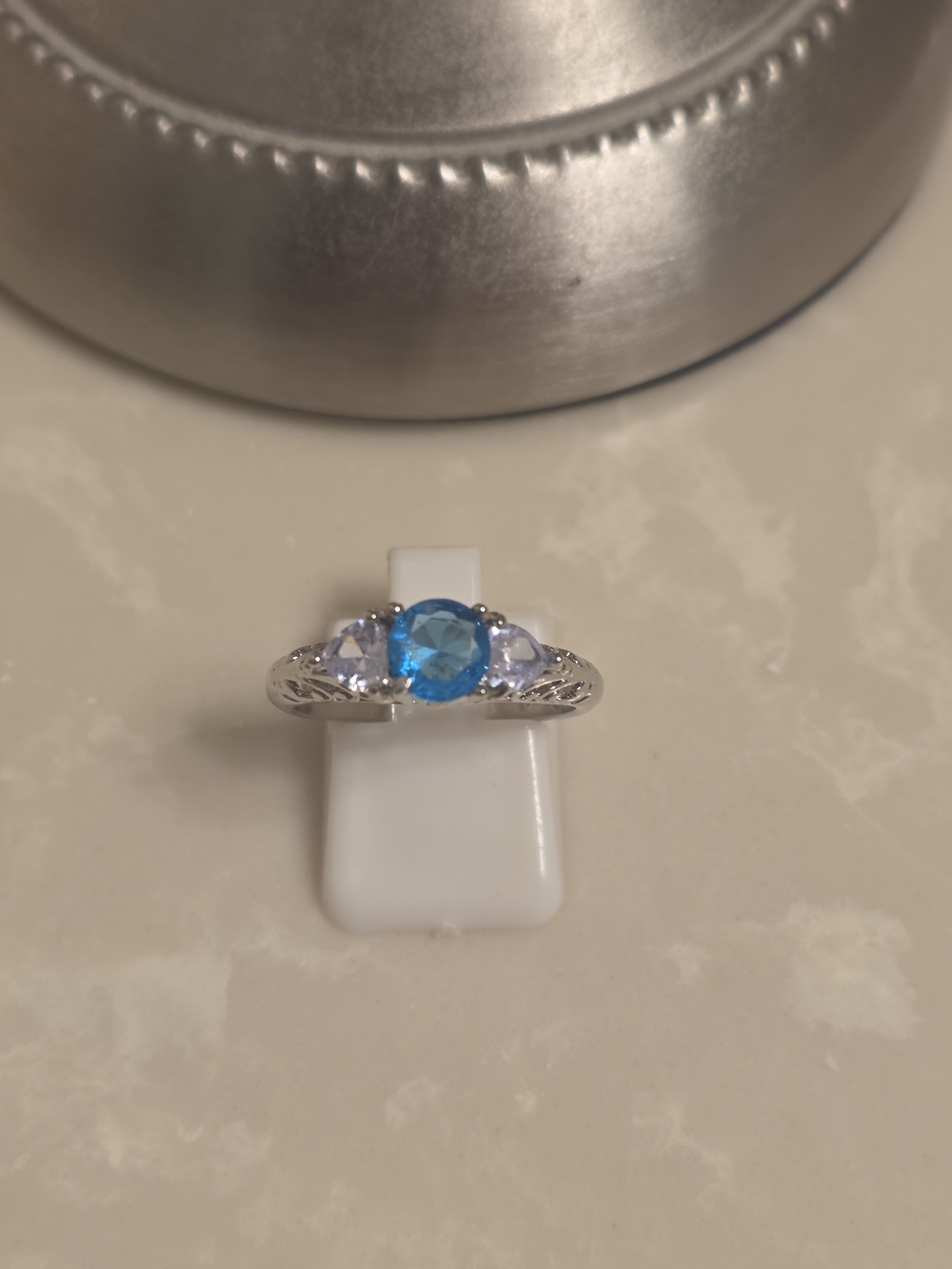 Silver CZ and Aquamarine Ring Size 8